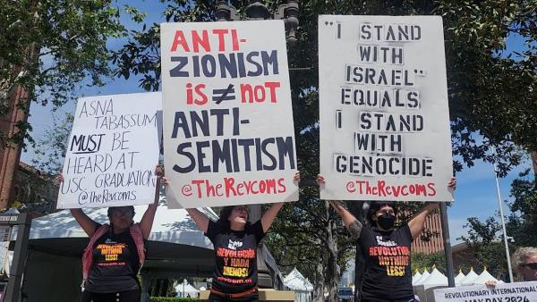 Revcoms on campus with sign: Anti-Zionism is not Anti-Semitism