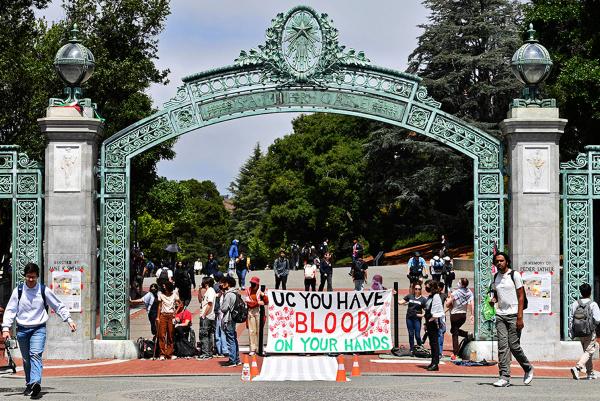 UC Berkeley students protest in front of Sather Gate, April 22, 2024.