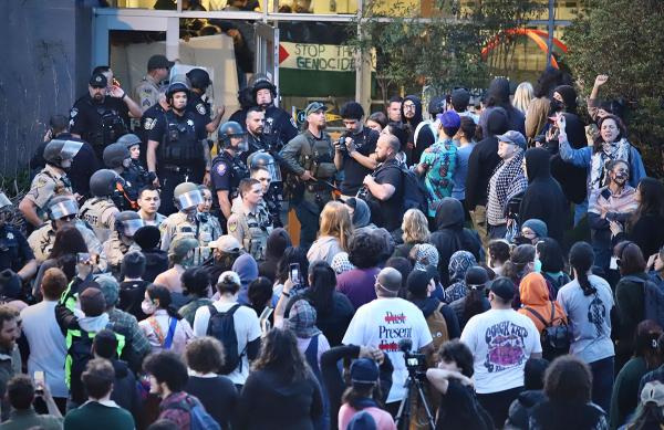 Pro-Palestinian protesters stand off with police on the campus of California State Polytechnic University, Humboldt, April 22, 2024.