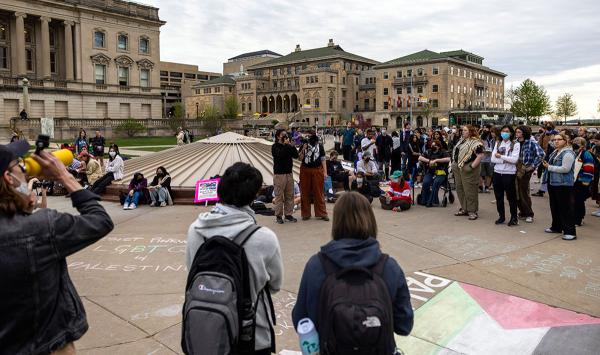 Pro-Palestinian students a the University of Wisconsin, Madison protest the war in Palestine April 30, 2024.