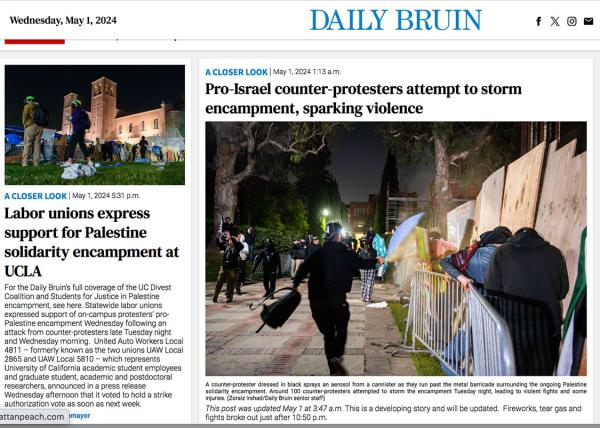 UCLA Daily Bruin with picture of counter-protester with aerosol can spraying encampment for Palestine, April 30, 2024.