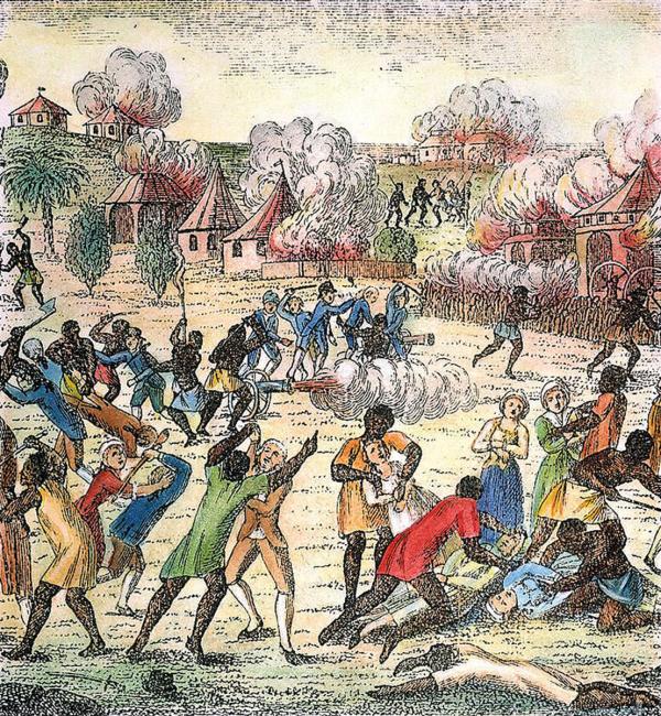 Engraving of Haitian slave revolt, 1791-1804.