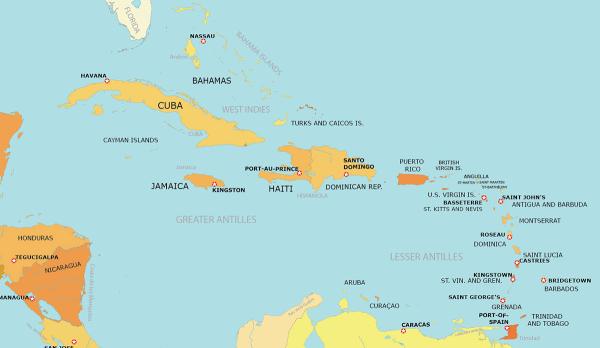 Map of Caribbean countries with capitals.