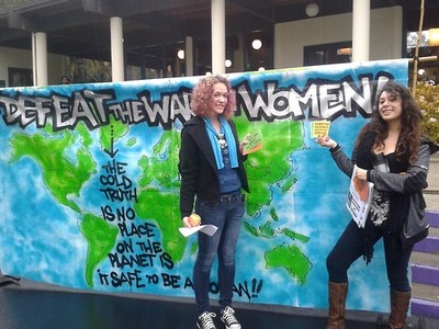 Day 3 in San Francisco: Today we went to Mills College to talk to students about abortion and the war on women, and to challenge them to be on the ground with us confronting the woman-hating March for Life this Saturday! Clear your schedules, grab some friends, and be at Powell & Market at 1pm to fight for a different future! These women took extra flyers, palm cards and stickers to give to others and stopped to pose with one of the banners-in progress for Saturday. It was the first day back on campus, but they said running into Stop Patriarchy was