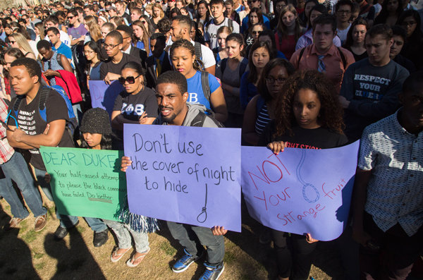 Hundreds march at Duke University against lynching noose found on campus, April 1.
