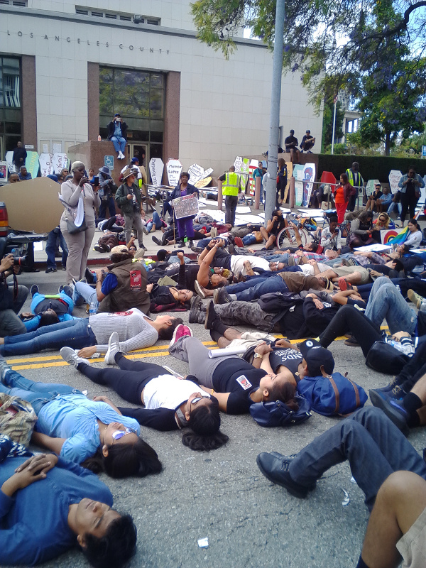 Die-in in front of the LA Board of Supervisors building.