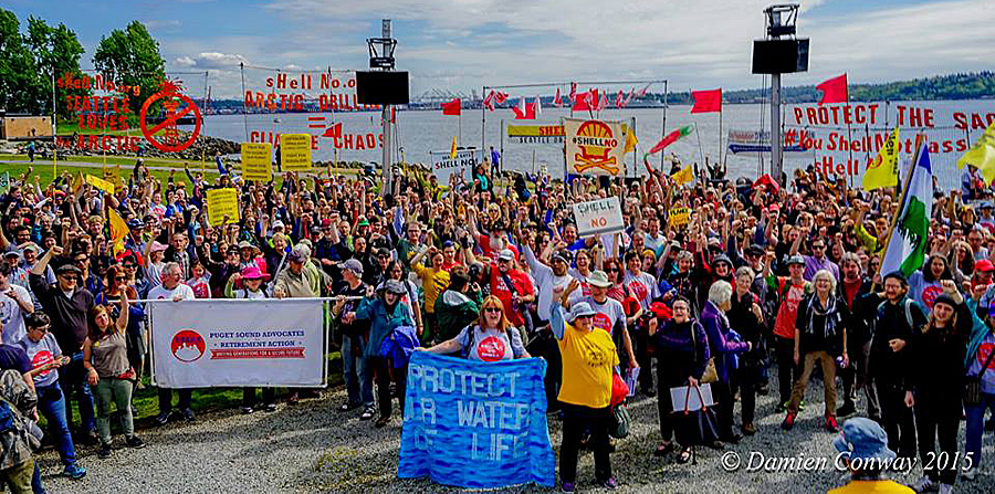 April 29, an environmental group called “Shell No” organized a Seattle protest of the drilling for fossil fuels in the Arctic. (Photo: Damien Conway)