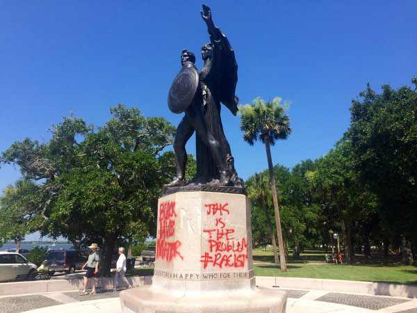Charleston memorial with graffiti Black Lives Matter