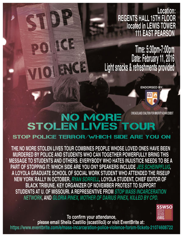 Poster for No More Stolen Lives tour at Loyola University, Chicago
