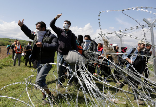 Migrants protesting the closed border at Idomeni, Greece, April 10