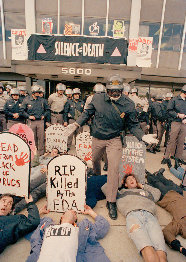 ACT UP demonstrators, angry with the government's response to the AIDS crisis, shut down the Food and Drug Administration, Rockville, MD, October 1988.