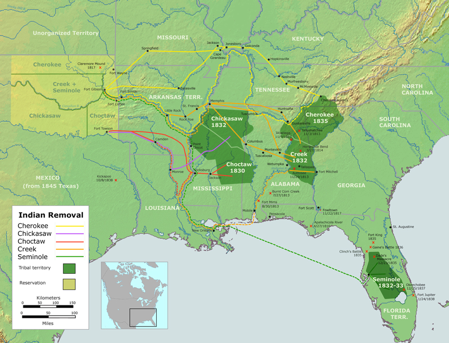  Under Jackson's presidency, native peoples were expelled by the U.S. military, and subjected to genocidal “relocation” from the South to Oklahoma as illustrated on this map.