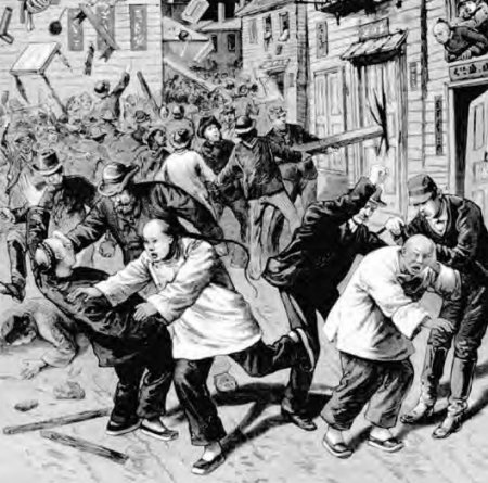 Newspaper illustration of the anti-Chinese rioting in Denver, Colorado, in 1880