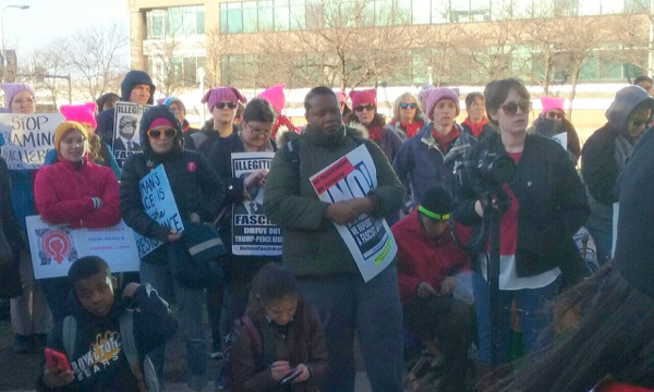 In Cleveland, more than 200 people rallied and marched for IWD and Refuse Fascism, and the “NO!” message was in the mix with signs, fliers, stickers, and people signing up. Among the chants: “No Pussy Grabbing! No Patriarchy! No Fascist USA!”