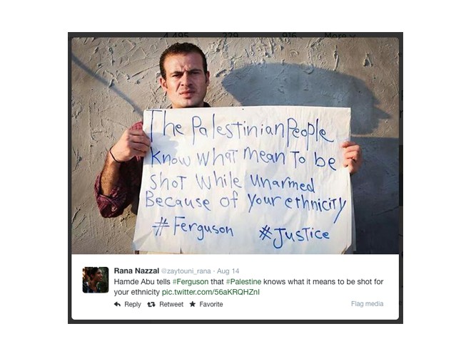 “De Palestina a Ferguson: El pueblo palestino sabe cómo es ser baleado al no tener arma, por su etnia”. Foto: viral en Twitter 