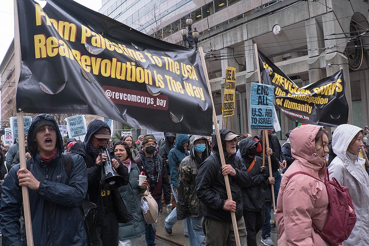 San Francisco, March 2, The Revcom Corps contingent with banners with thousands protesting genocide in Palestine.