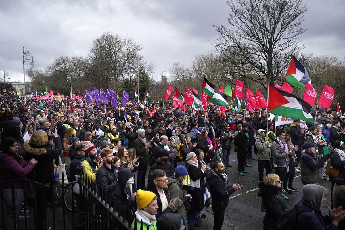 Thousands march in Dublin March 2, 2024 calling for a ceasefire in the war in Gaza while also opposing “racism, hate, and division” at home in Ireland.