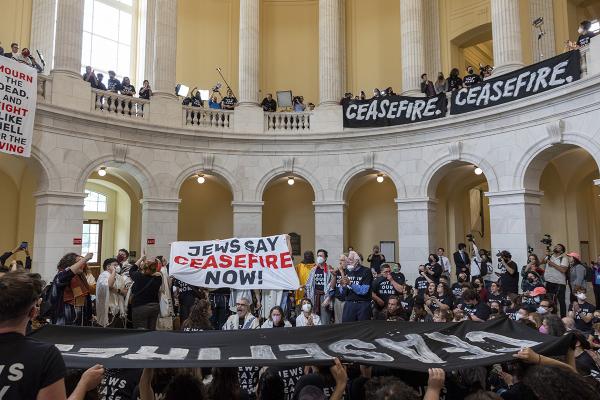 Washington, DC: Protest for end to bombing in Gaza in rotunda of Capitol Building, October 18, 2023.