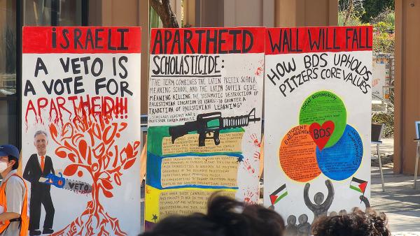 Colorful apartheid wall: "Resistance art at Pitzer College, April 8, 2024.