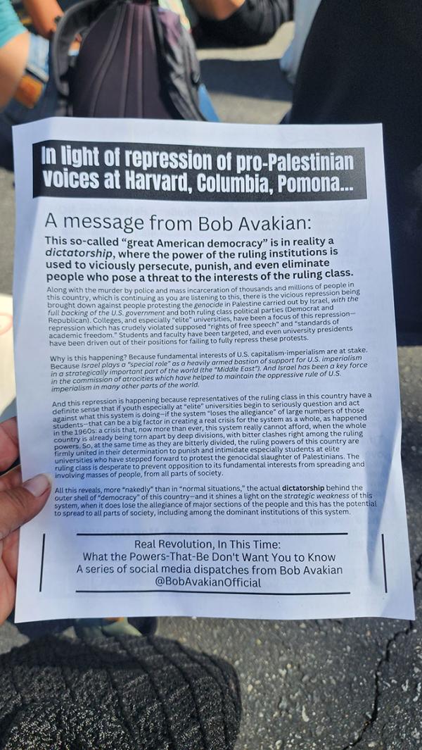Leaflet of Bob Avakian's Revolution message about Palestine distributed at Pomona College.
