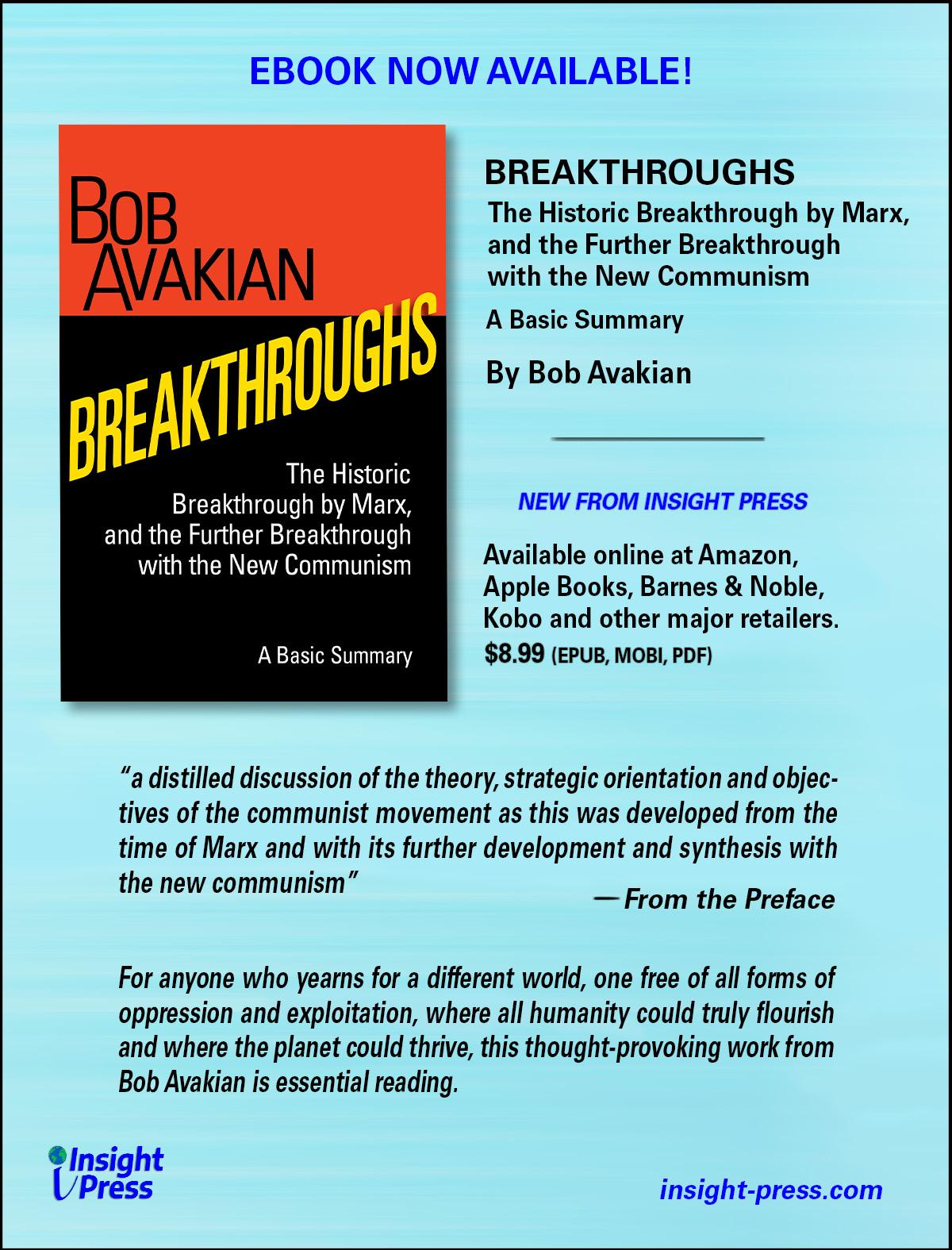 Cover of ebook Breakthroughs by Bob Avakian with text about it.