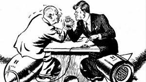 Cartoon of Kennedy and Khrushchev arm wrestling, representing Cuban missile crisis.