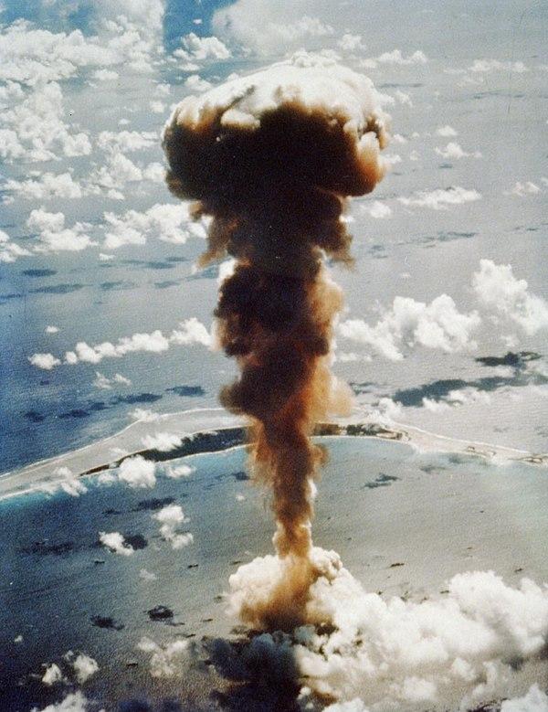 Aerial view of U.S. testing nuclear weapons in Micronesia